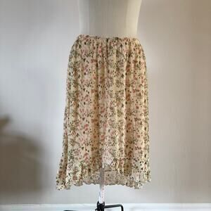 Vtg Y2K 2000s Beige Floral Plisse Midi Skirt Sz L Cottagecore Prairie Boho